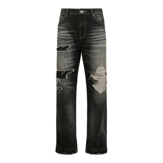 Vintage Repaired Denim Pants (Black)