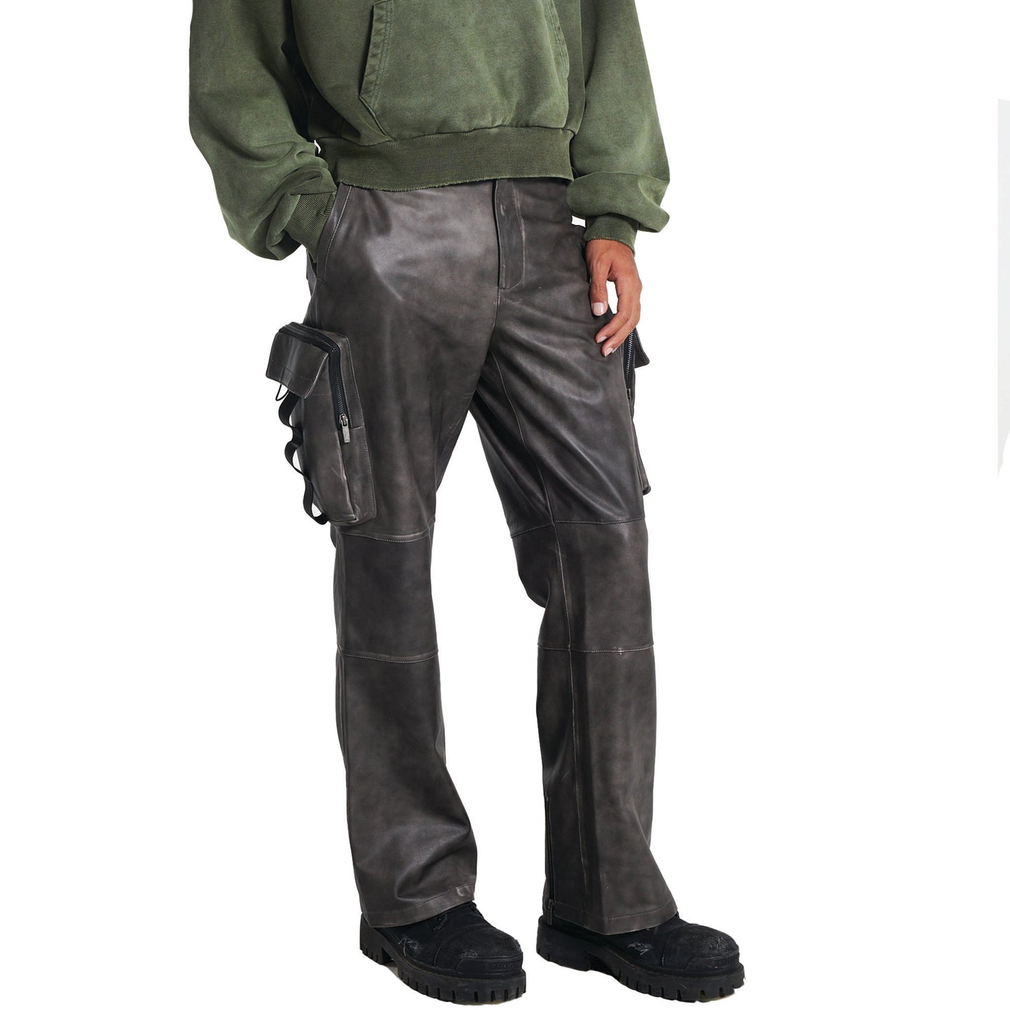 Washed Leather Cargo Pants